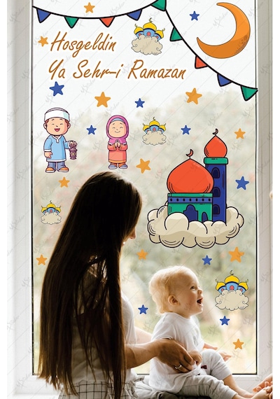 Ramazan Ayı Temalı Cam Duvar Süsleri Hoşgeldin Ramazan Sticker Seti Çok Renkli
