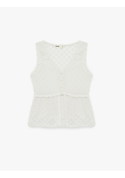 Koton Slim Fit Kolsuz V Yaka Düğmeli Dökümlü Peplum Kesim Dantel Bluz Ekru 6sak10248ek