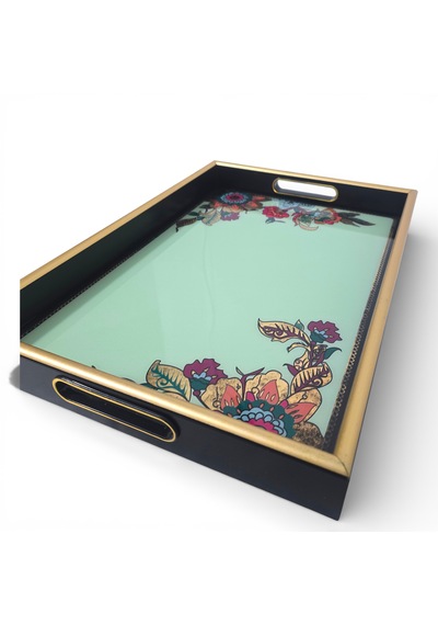 Sudedi Home Altın Çerçeveli Yeşil Floral Desenli Melamin Sunum Tepsisi 31x46 Cm Yeşil