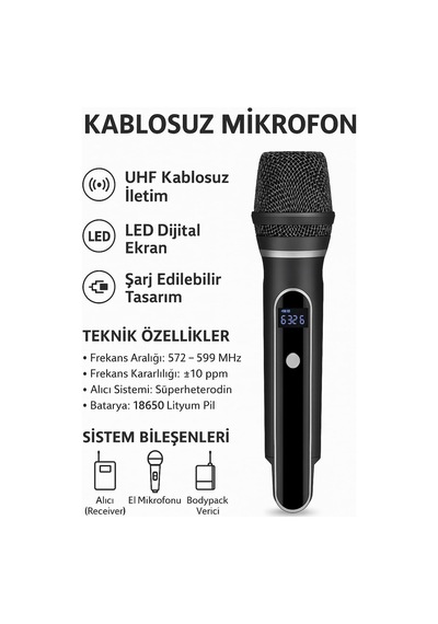Kablosuz Mikrofon Seti Vhf 220 270 Mhz Wireless El Mikrofonu Ve Kafa Mikrofonlu Verici, 6.3 Mm Çıkışlı, 30 50 Metre Çekim Wn-07