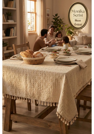 Monika Serisi Vintage Bohem Püsküllü Masa Örtüsü - Otantik %100 Doğal Buldan Dokuma Sofra Örtüsü Bej