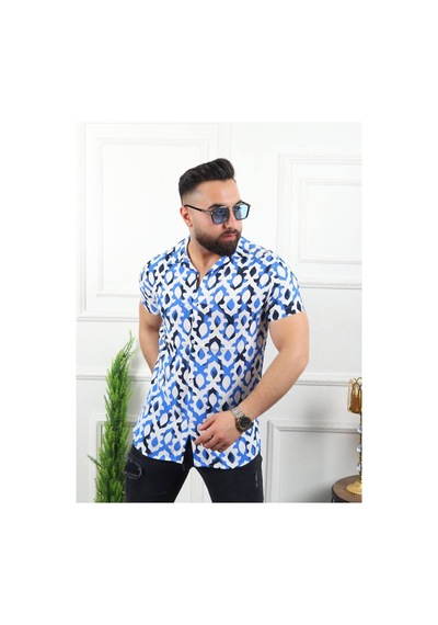 Mfz Giyim Erkek Kısa Kollu Slim Fit Dar Kesim Apaş Yaka Desenli Viskon Yeşil - Beyaz Gömlek