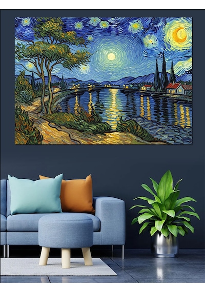 Van Gogh Tarzı Gece Şehri Dekoratif Kanvas - Mdf Ahşap Tablo