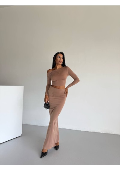 Trendhazan Dar-slim Kalıp Bluz - Etek İkili Takım Açık Kahverengi