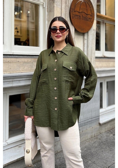 WeShaya Kadın Haki Balon Kol, Pileli, Yırtmaçlı, Oversize, Keten Tunik Gömlek Haki
