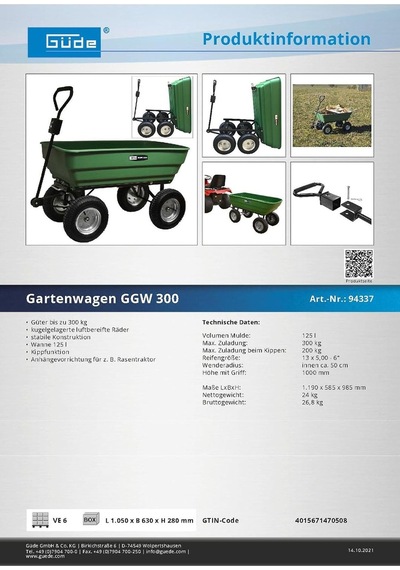 Ayrex Güde 94337, Bahçe Arabası, 300 Kg, Yeşil
