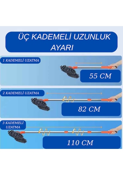 360 Dönebilen Teleskopik Mikrofiber Araba Yıkama Fırçası Çift Başlıklı Oto Temizlik Mopu Turuncu