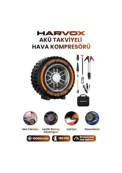 Harvox 10.000mah Akü Takviyeli Hava Kompresörü Şarjlı Powerbankli Göstergeli Araç Lastik Şişirme 150 Psı