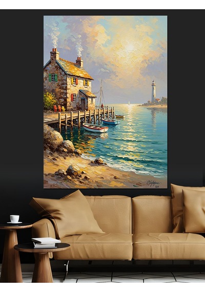 Ahşap Tablo Limanda Küçük Balıkçı Evi Yiyecek Ve İçecek Tabloları