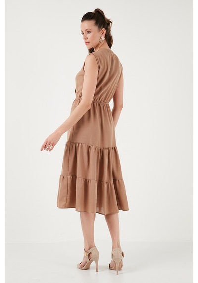 Lela Regular Fit Kruvaze Yaka Midi Bayan Elbise 6118103 Camel