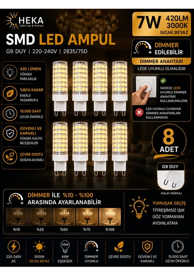 8 Adet Heka 7w Günışığı 3000k G9 Duylu Dim Edilebilir Led Kapsül Ampul