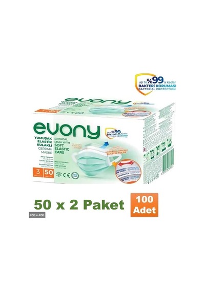 Evony Yumuşak Elastik Kulaklı 3 Katlı Cerrahi Maske 2X50 Li