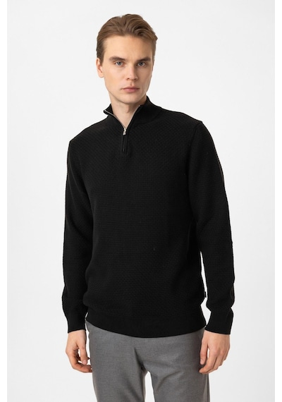Back And Bond Siyah Regular Fit Desenli Dik Yaka Yarım Fermuarlı Triko Kazak