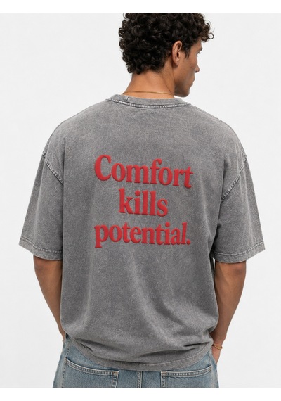 Respire Erkek Puf Baskılı Yıkamalı Oversize T-shirt Gri