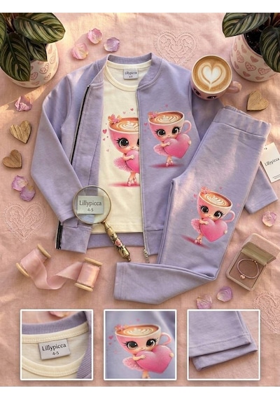 Karakter Baskılı Penye Ceketli - Penye Sweatshirt - Penye Pantolonlu Kız Çocuk 3lü Takım Lila