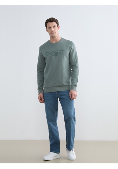 Lcwaıkıkı Classic Yeşil Bisiklet Yaka Baskılı Erkek Sweatshirt