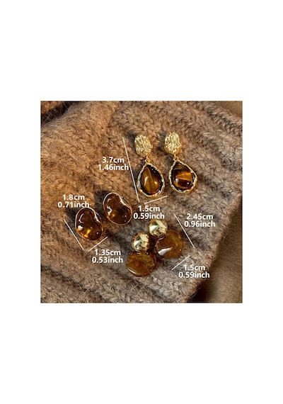 Electra Model 3'lü Set Amber Taş Görünümlü Vintage Gold Küpe Kombini Çok Renkli