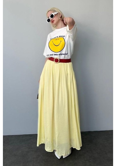 Madmext Açık Sarı Vual Kumaş Basic Kadın Uzun Boy Kadın Etek Mg2366 Açık Sarı
