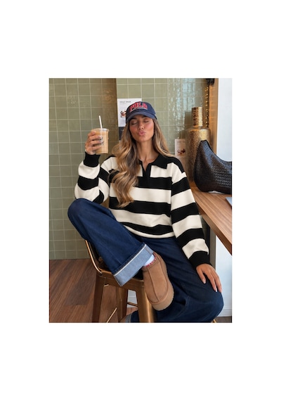 Nilza New York Kadın Siyan Çizgili Oversize Polo Yaka Triko Kazak Siyah