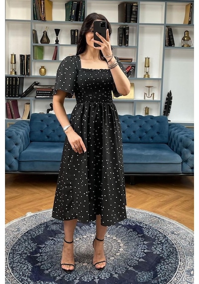 Madmext Siyah Desenli Belden Lastikli Midi Elbise - Mg2101 Siyah
