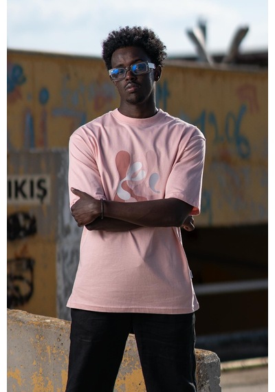 Bisiklet Yaka Lu Önü Baskılı Oversize Geniş Model T-Shirt Pembe