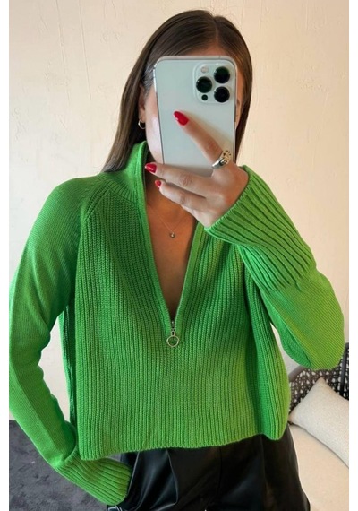 Balenbi Kadın Fermuarlı Balıkçı Yaka Crop Oversize Triko Kazak 1029 Yeşil