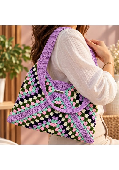 El Örgüsü Alize Cotton Kadın Omuz Çantası Krem.karışık Renkli Desenli