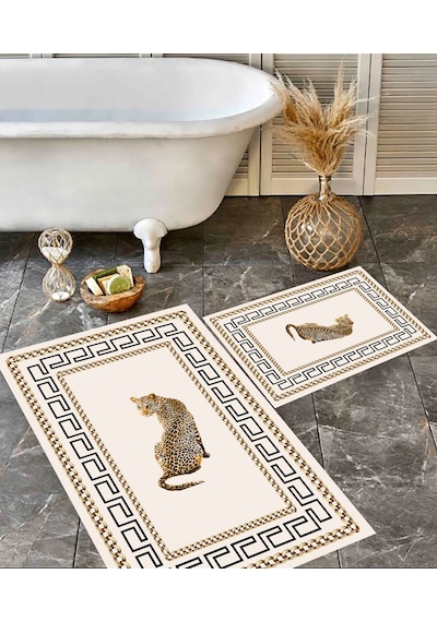 Leopar Desen Banyo Paspası, Kaymaz Taban, Yıkanabilir Paspas, Krem