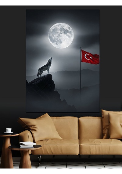 Ahşap Tablo Ay Işığında Uluyan Kurt Ve Bayrak