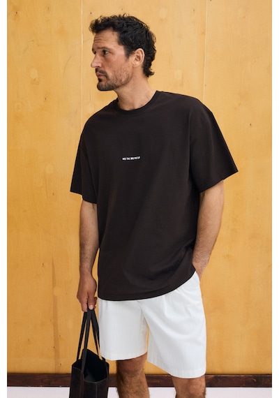 Grimelange Rıver Erkek Oversize Fit Bol Kesim Nakış İşlemeli Basic Örme Kahverengi T-shirt