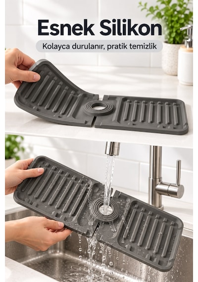 Lavabo Kenarı Silikon Su Geçirmez Musluk Matı 37x14cm Gri