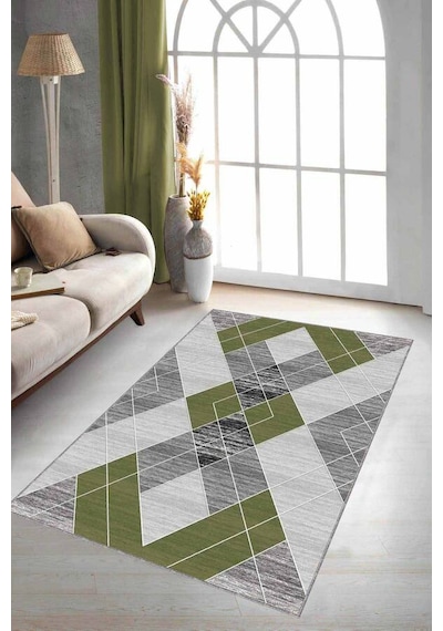 Yeşil Geometrik Kaymaz Taban Makinede Yıkanabilir Halı Dd04n11