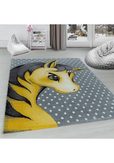 Sevimli Peri Atı Desenli Soft Çocuk Halısı Gri Sarı Beyaz Renklerde Gri - Sarı