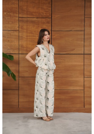 Verymoda Nakışlı Keten Pantolon F2008 Taş