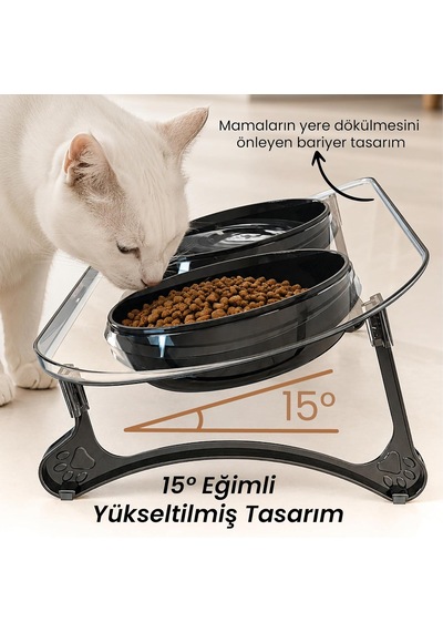 Mama Kabı, Mama Ve Su Kabı, Kedi Mama Kabı, Kedi Mama Ve Su Kabı, Köpek Mama Kabı, Kedi Mama Kapları, Köpek Mama Ve Su Kabı, 15 Eğimli Yüksek Çift Kaseli Transparan+siyah