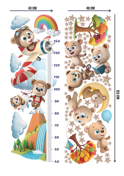 Sevimli Ayıcık Temalı Boy Ölçerli Duvar Sticker Seti - Mat, Sökülebilir, Çocuk Odası Dekoru 010 - Mat Beyaz