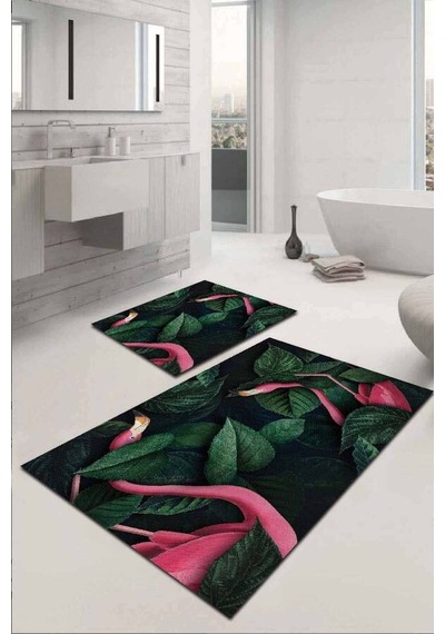 Yeşil Yapraklı Desen Banyo Halısı Klozet Paspas Seti Bs047n11