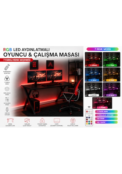 Rgb Led Aydınlatmalı Oyuncu Ve Çalışma Masası Kumandalı 7 Renk Işıklı Bilgisayar Masası Mat Siyah Rgb Led Aydınlatmalı Oyuncu Ve Çalışma Masası Kumandalı 7 Renk Işıklı Bilgisayar Masası Mat Siyah