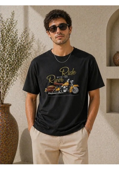 Defymoda Erkek Motosiklet Baskılı Tişört Bisiklet Yaka Kısa Kol Yazlık T-shirt - Siyah