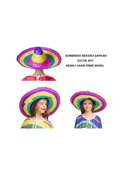 Sombrero Meksika Şapkası Renkli Örme Hasır Çocuk Boy 1
