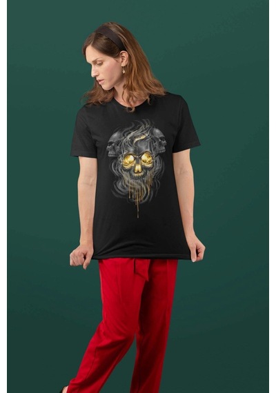 Adrift Wed Kuru Kafa Gold Görünüm Dead Gothic Rocker Dijital Baskılı T-shirt Siyah