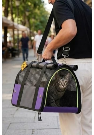 Reyo Brave Paws Flybag Plastik Yırtılmaz Fileli Kedi Ve Köpek Taşıma Çantası Seyahat Çantası Mor 45x25x26cm Havayolu Uçuş Standartlarına Uygun
