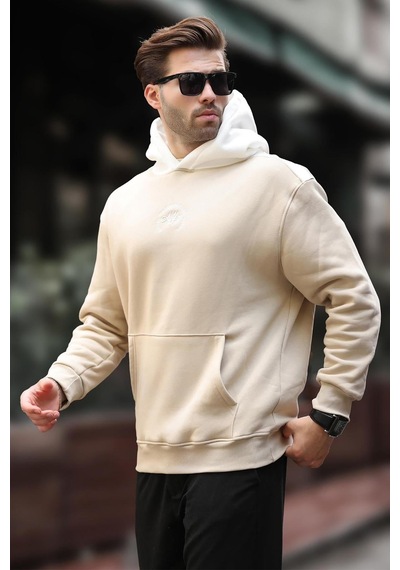Madmext Bej Kapüşonlu Renk Bloklu Nakış Detaylı Erkek Sweatshirt 7088 Bej