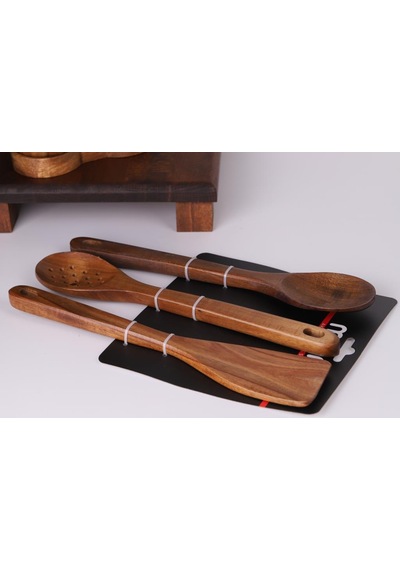 Atby Akasya Ahşap 3'lü Mutfak Kaşık Seti Delikli Kaşık Karıştırma Kaşığı Ve Spatula