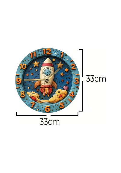 Roket Ve Uzay Temalı Çocuk Mdf Duvar Saati 3d Görünümlü, 2d Hd Baskı, Sessiz Mekanizma Sdw236 Renkli