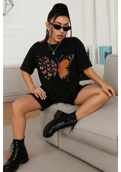 Kelebek Baskılı Oversize Unisex Tişört SIYAH