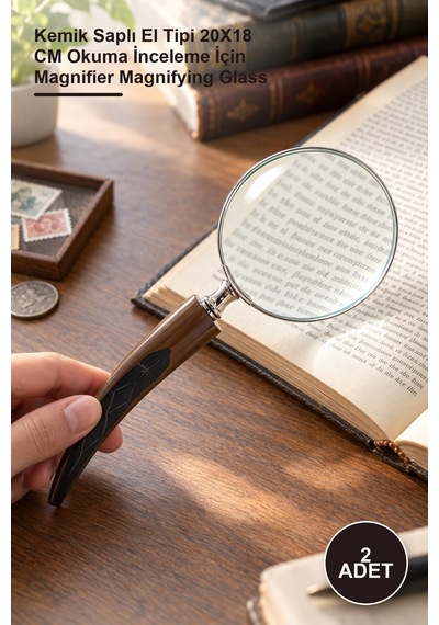 2 Adet Büyüteç Kemik Saplı El Tipi 20x18 Cm Okuma İnceleme İçin Magnifier Magnifying Glass