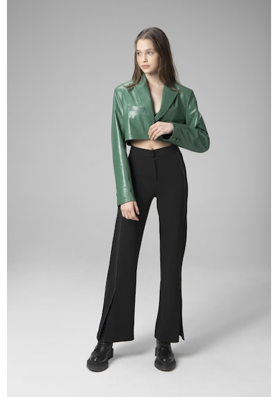 Yeşil Overlay Dericlub Wm034 Gerçek Deri Crop Blazer Kadın Ceket