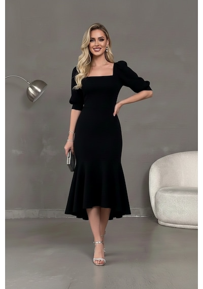 Defymoda Kadın Balık Model Cazibeli Elbise Siyah