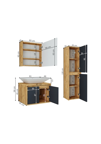 Banos Roomart Lavabolu Ahşap-Antrasit 65Cm Banyo Dolabı+Aynalı+Bo Antrasit